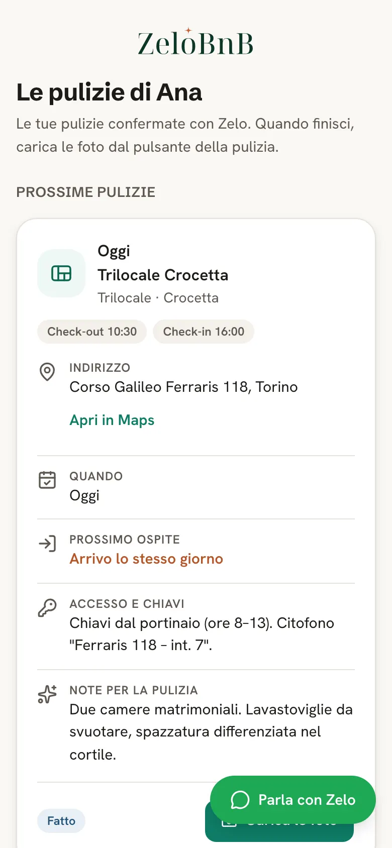 L'agenda della professionista: indirizzo, orari, accesso e chiavi, note per la pulizia