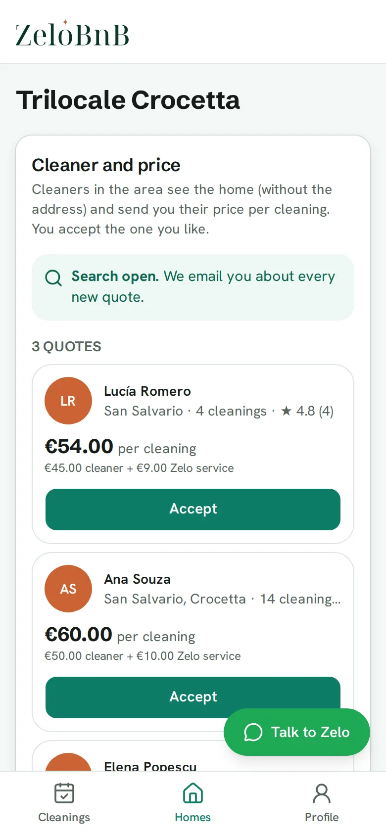 Professionals' quotes for a home, in the app